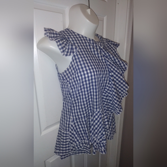 🆕Aomei Women's Top Sleeveless Blue Plaid Blouse Vintage Ruffle Trim Sz XL NWOT - Picture 3 of 9